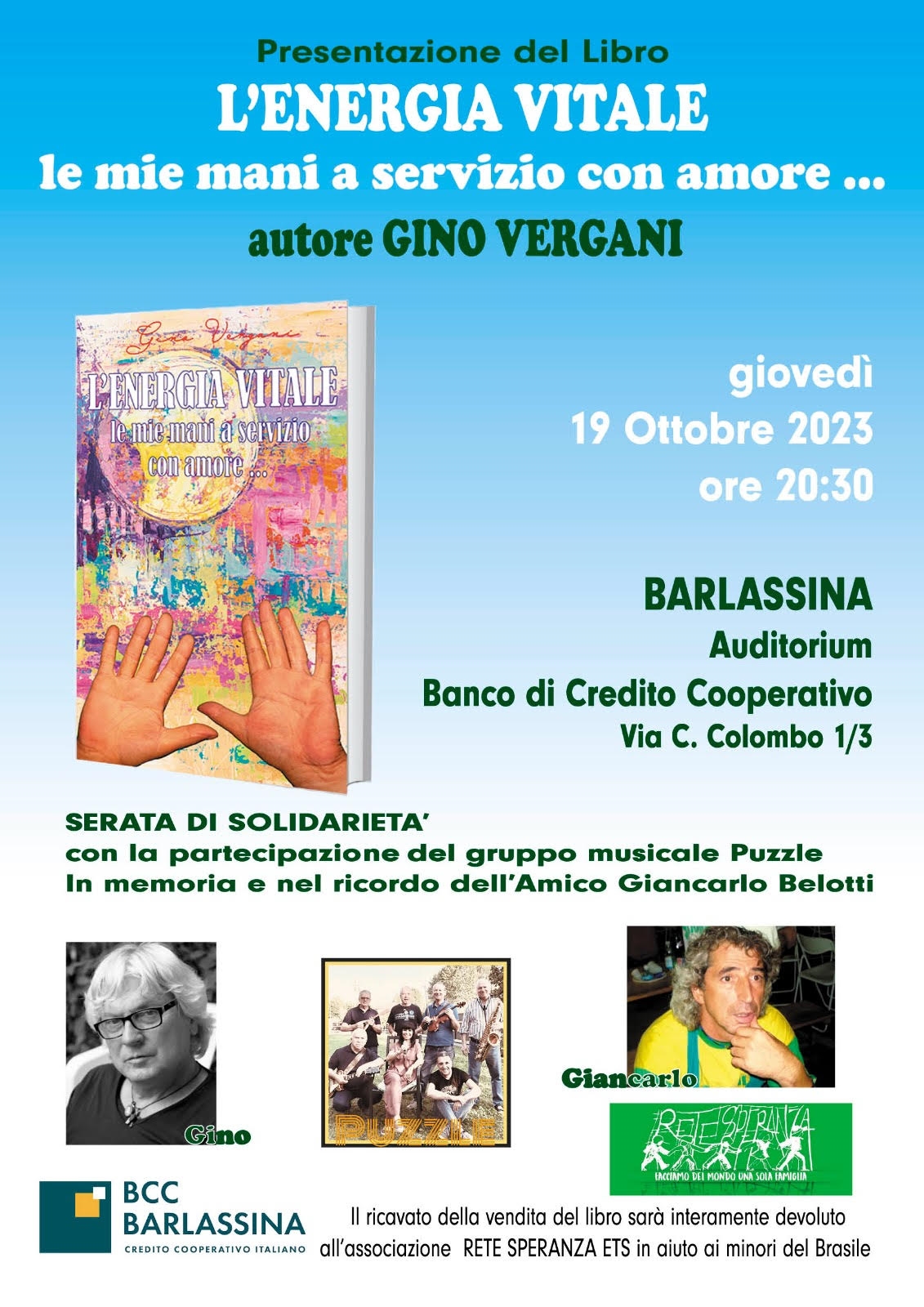 Presentazione libro L'ENERGIA VITALE LE MIE MANI A SERVIZIO CON AMORE di Gino Vergani