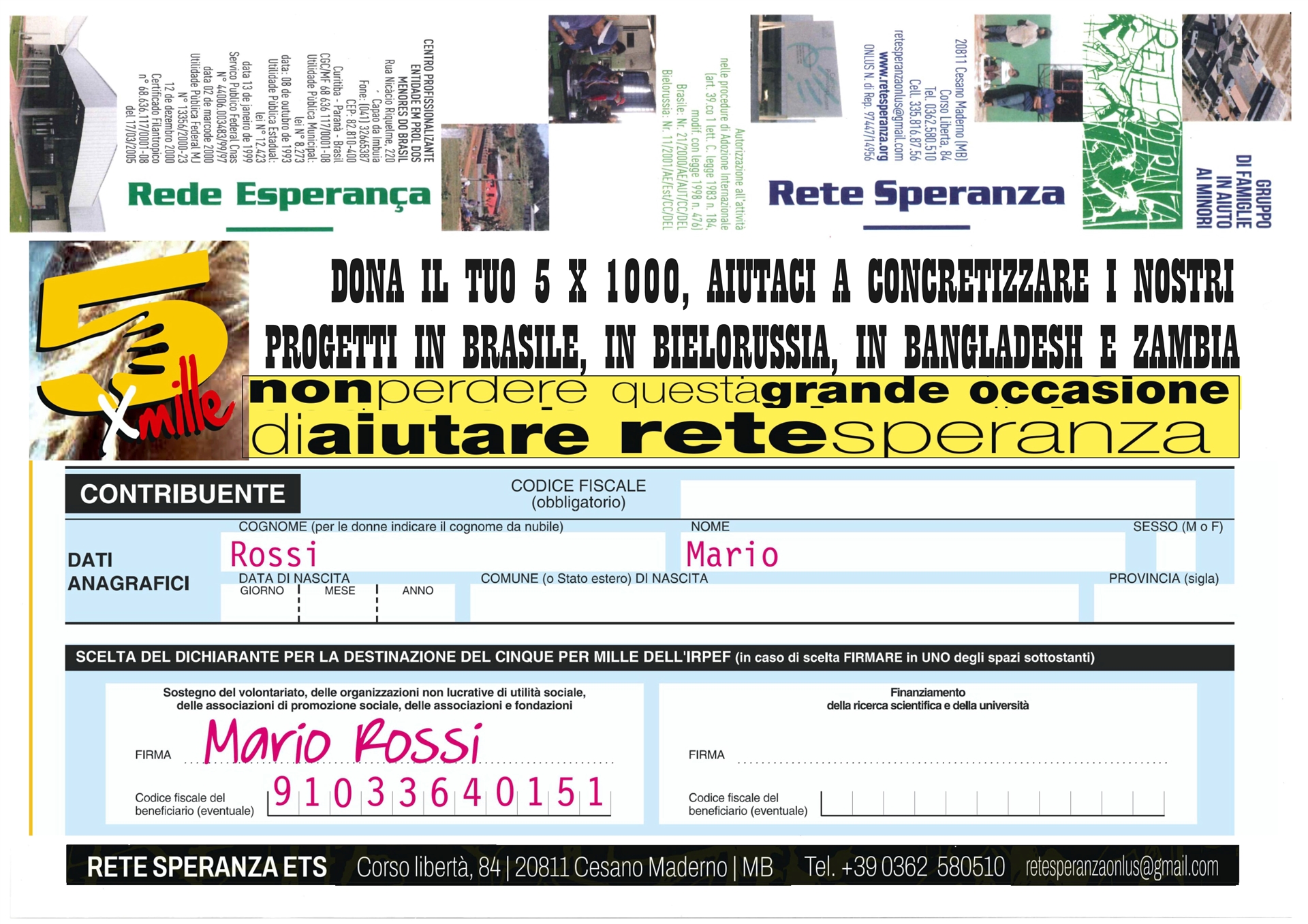 DONA IL TUO 5X1000 A RETE SPERANZA - C.F. 91033640151